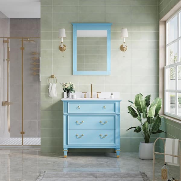 ANGELES HOME 36 in. W Assembled Solid Wood Blue Bathroom Vanity Mirror, White Quartz Top