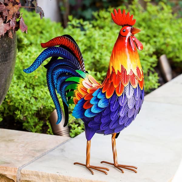 Metal Colorful Rooster Garden Statue