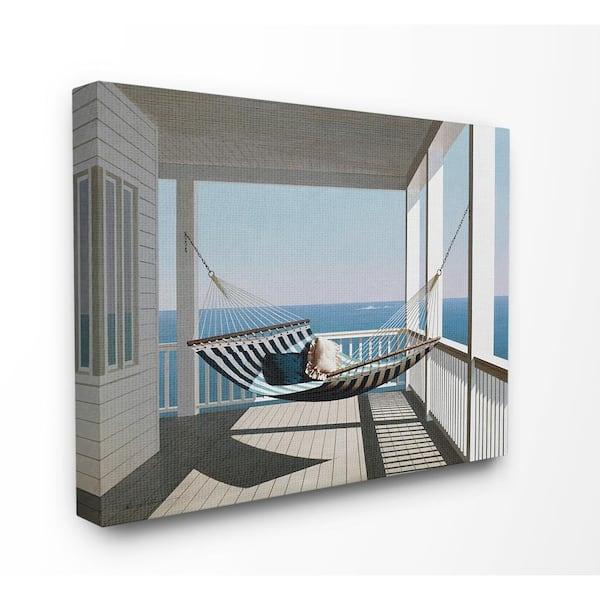 Stupell Industries 16 in. x 20 in. "Blue and White Striped Hammock on the Beach House Porch" by Zhen-Huan Lu Canvas Wall Art