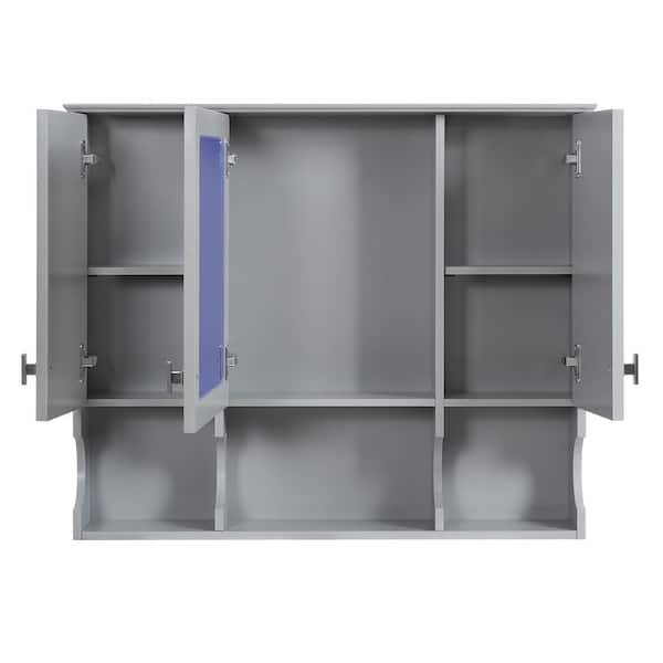 35 in. W x 28.7 in. H Rectangular MDF Surface Mount Medicine Cabinet with Mirror and Adjustable Shelves in Gray