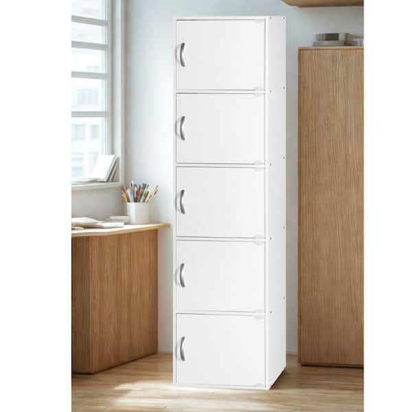59 in. Tall White Wood 5-Shelf Bookcase with 5-Doors Enclosed Storage 5-Tier Bookshelf for Home or Office
