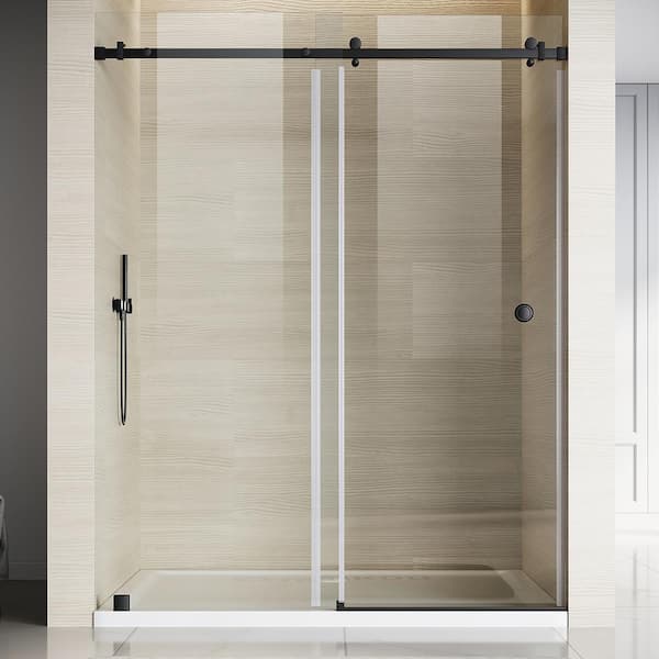UNIKOO UKS09 56 to 60 in. W x 76 in. H Single Sliding Frameless Shower Door in Matte Black, EnduroShield 3/8 in. Clear Glass