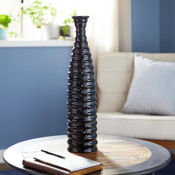 Litton Lane 24 in. Black Ceramic Decorative Vase with Ripple Texture