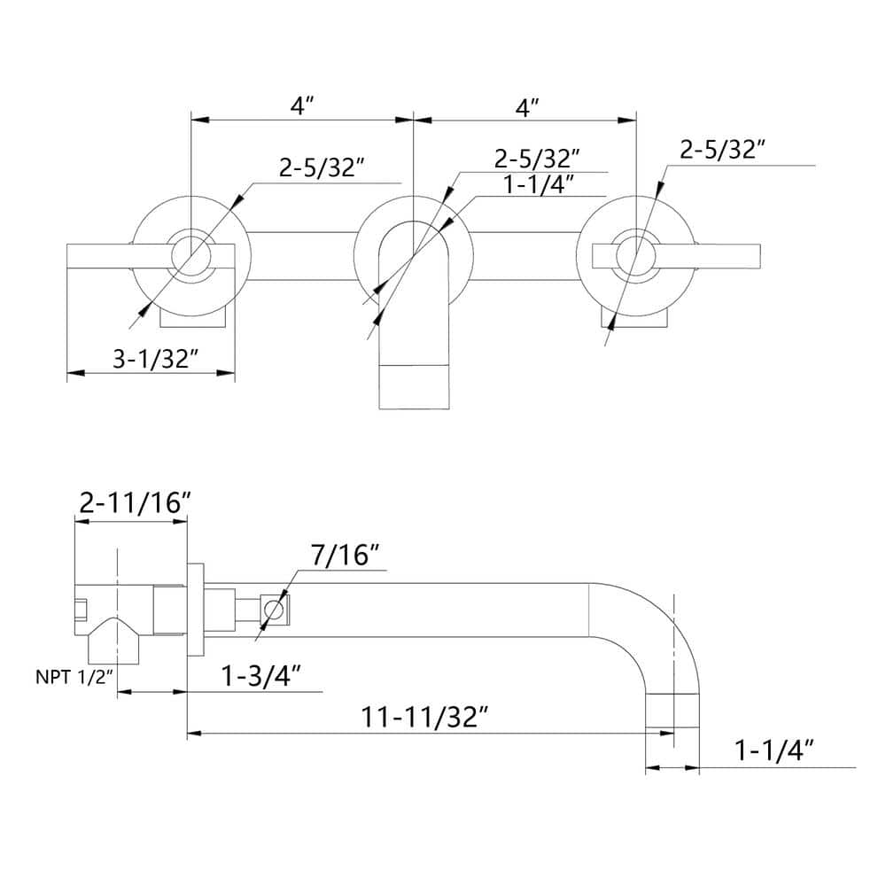 Chrome Double Handle Wall Mount Tub Filler Faucet