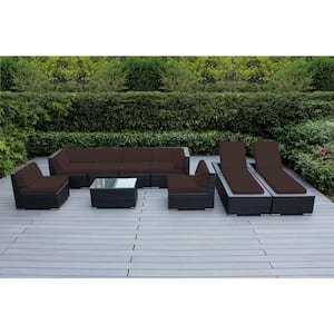 Black 9-Piece Wicker Patio Combo Conversation Set with Supercrylic Brown Cushions