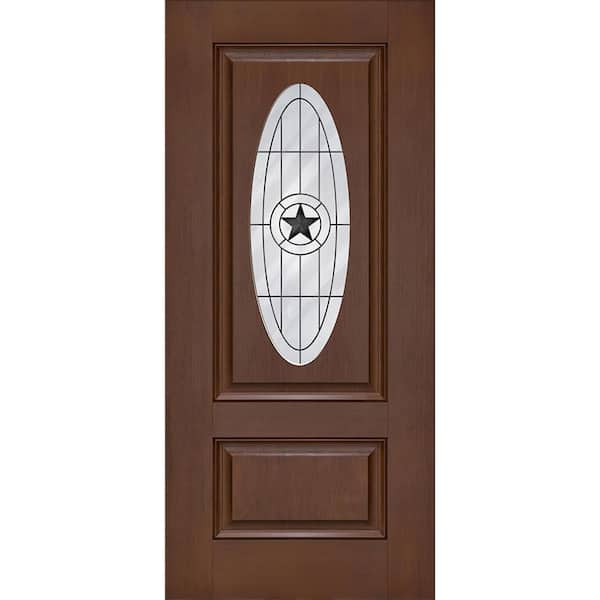 Regency 36 in. x 80 in. Universal Handing 3/4L Oval Alamo Glass Chestnut Fiberglass Front Door Slab