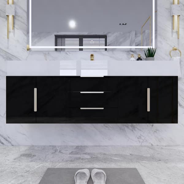 Bethany 59 in. W x 20 in. D x 22 in. H Single Sink Floating Bath Vanity in Gloss Black with White Acrylic Top