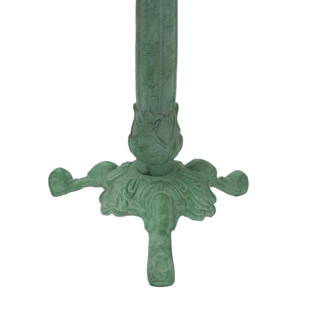 Green Patina Cast Aluminum Leaf Bird Bath with Metal Sculpture