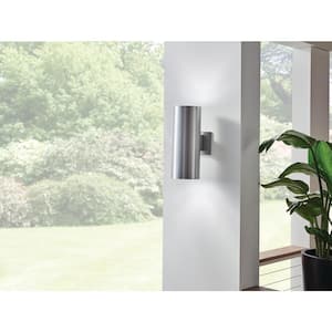 Independence 15 in. 2-Light Brushed Aluminum Outdoor Hardwired Wall Cylinder Sconce with No Bulbs Included (1-Pack)