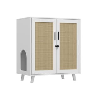 Cat Litter Box Enclosure with Lock Sisal Door, White Hidden Litter Box Furniture Cat Washroom Storage for Living Room