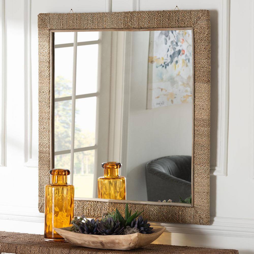 Japandi Natural Seagrass Square Wall Mirror with Mahogany Frame