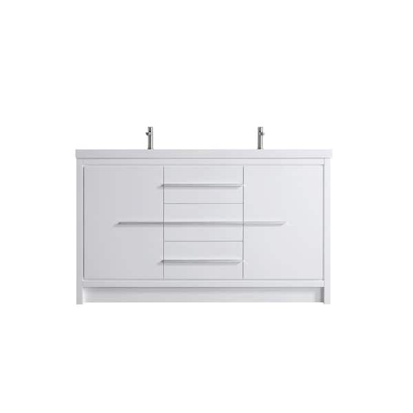 Hood-2D 60.00 in. W x 19.70 in. D x 35.00 in. H Freestanding Bath Vanity in White Wood with White Solid Surface Top