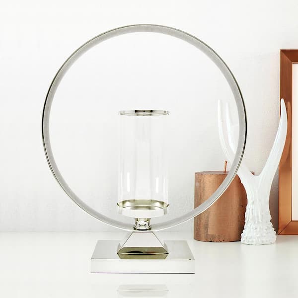 LIVING LUXURY Silver Round Circle Ring Pillar Hurricane Candle Holder 18 in.