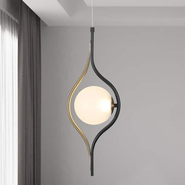 Zevni Lulier 18-Watt Integrated LED, Modern Black Light Fixture Brass Gold with Frosted Glass Shade Hanging Pendant Light