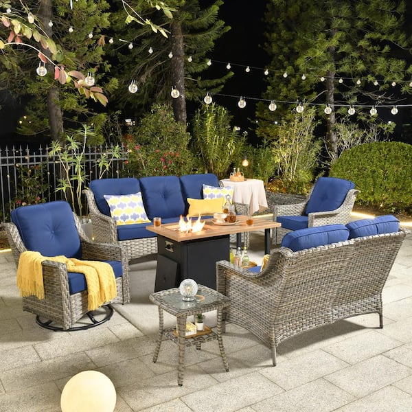 Toject Eureka Grey 6-Piece Wicker Outdoor Patio Conversation Sofa Loveseat Set with a Storage Fire Pit and Navy Blue Cushions