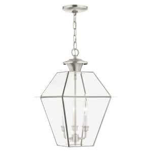 Ainsworth 18.5 in. 3-Light Brushed Nickel Dimmble Outdoor Pendant Light with Clear Beveled Glass and No Bulbs Included