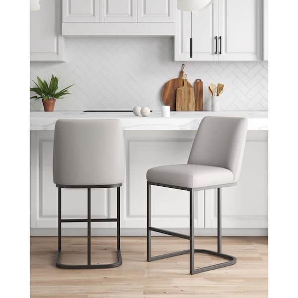 Manhattan Comfort Serena Modern 26.37 in. Light Grey Metal Counter Stool with Leatherette Upholstered Seat (Set of 2)