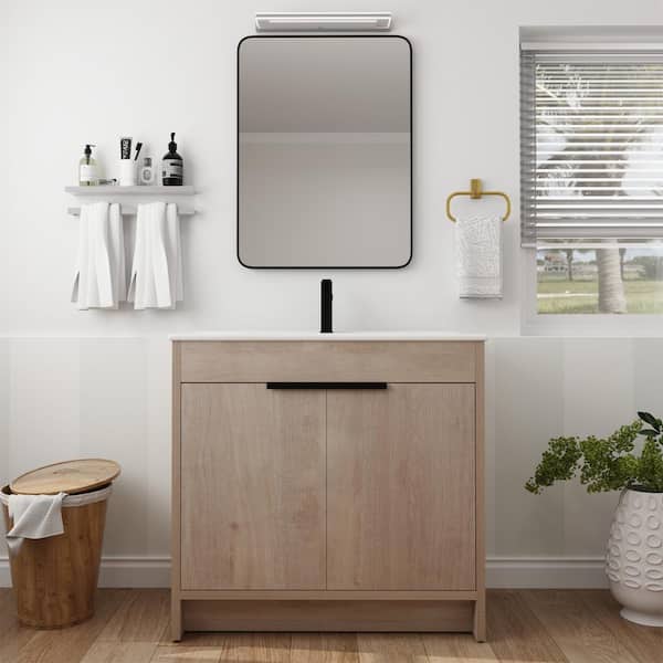 36 in. W Modern Simplicity Freestanding Bathroom Vanity with 1-Ceramic White Sink and 1-Shelf in Wooden