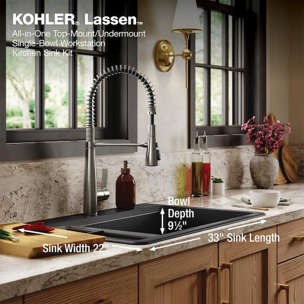 KOHLER Lassen 33 in. Drop-in/Undermount Single Bowl Granite Composite Kitchen Workstation Sink in Matte Black with Faucet