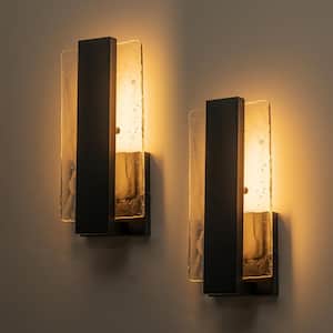 12 in. Black Dimmable LED Outdoor Hardwired Wall Lantern Sconce with Seeded Water Glass (2-Pack)
