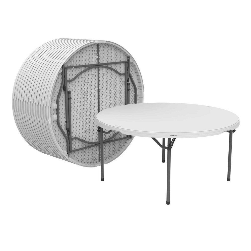 White folding banquet table with metal frame and mesh base.