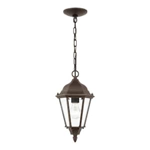 Bakersville 7.875 in. 1-Light Antique Bronze Traditional Outdoor Hanging Pendant Light with Clear Beveled Glass Panels