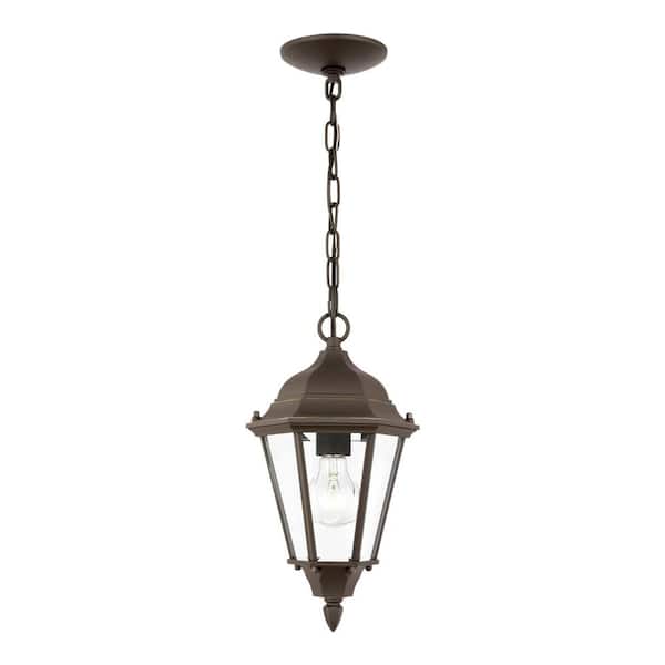 Generation Lighting Bakersville 7.875 in. 1-Light Antique Bronze Traditional Outdoor Hanging Pendant Light with Clear Beveled Glass Panels