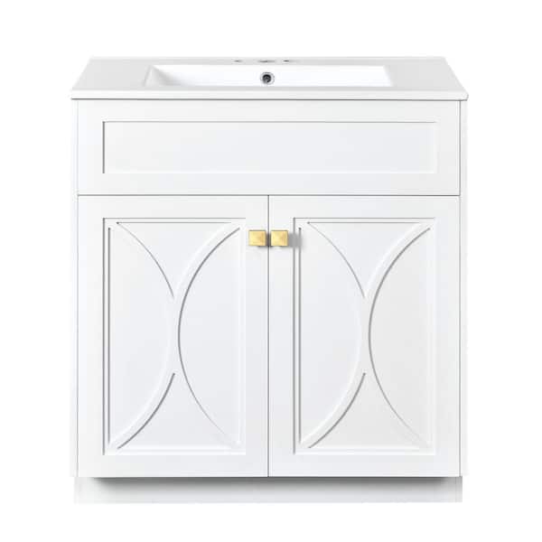 Xuanlur Solid Wood Bathroom Vanity 30 in. White Freestanding Storage Cabinet, Ceramic Sink, Gold Handles, Soft Closing Doors
