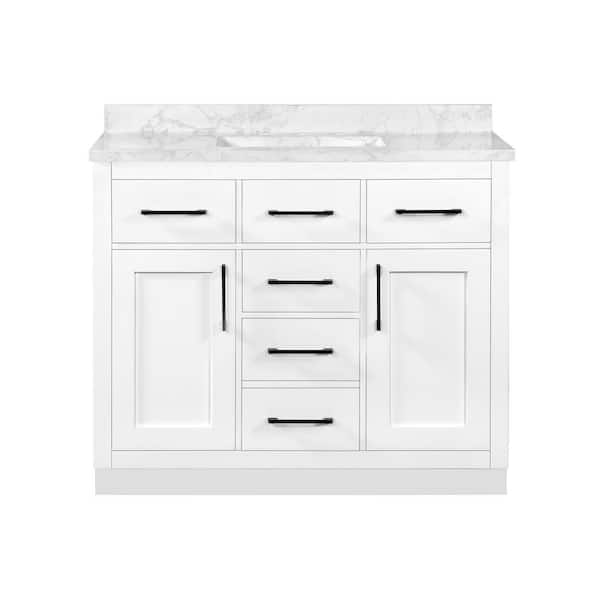Athea 42 in. Single Sink White Bath Vanity with White Engineered Marble Top with Integrated Power Outlet (Assembled)