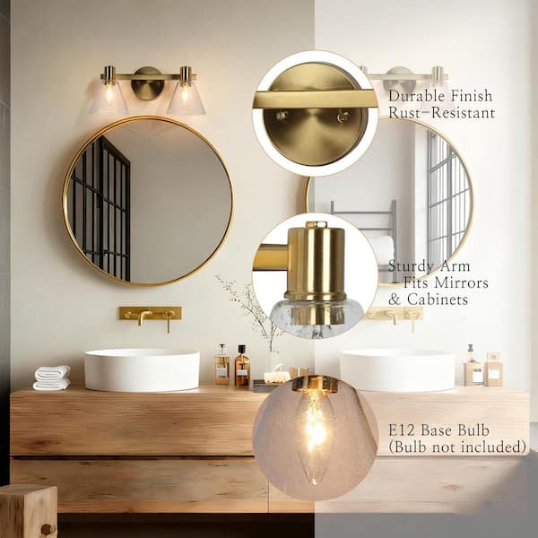 Transitional Brass Bathroom Vanity Light, 15 in. 2-Light Modern Wall Sconce with Seeded Glass Shades for Powder Room