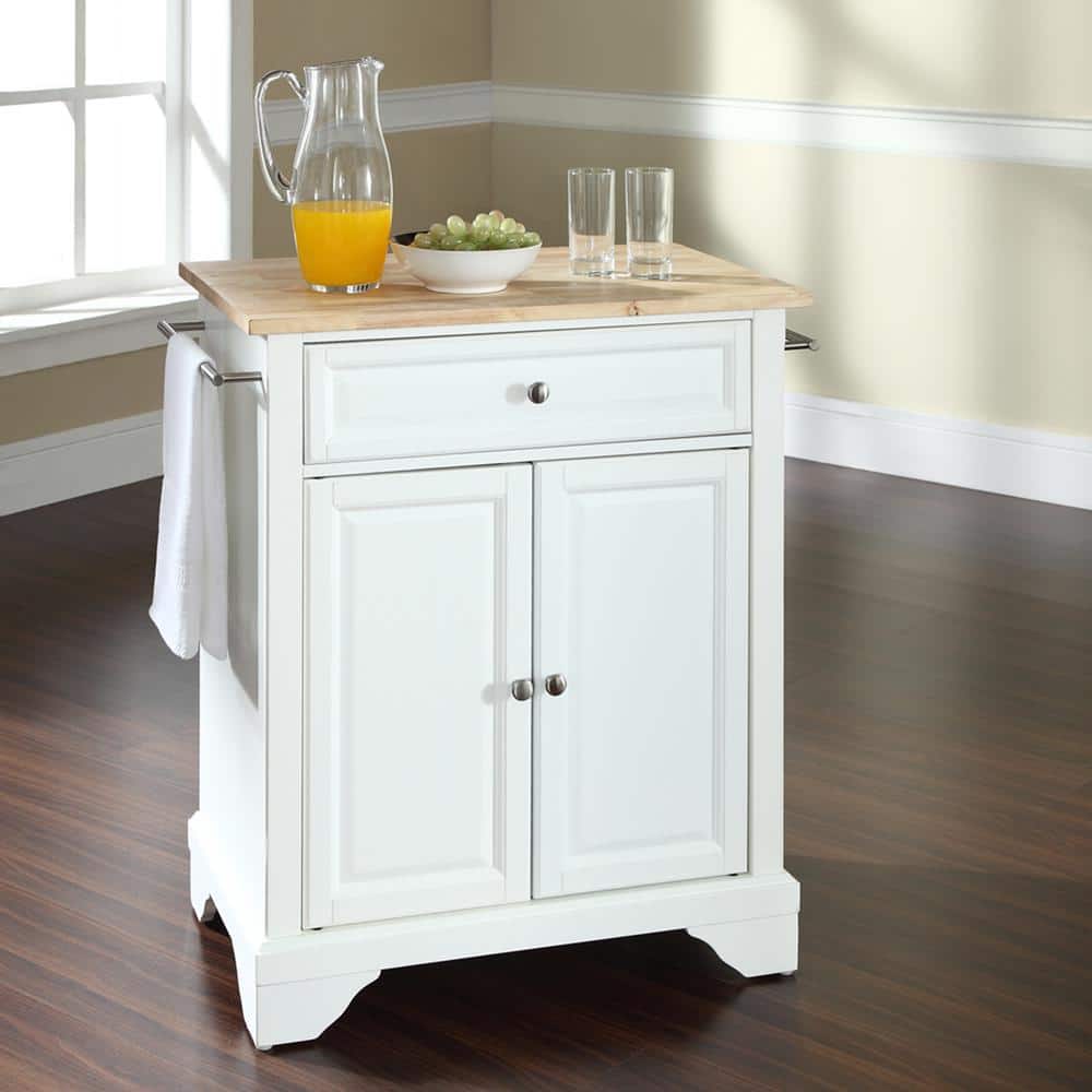 White and Natural Wood Top Kitchen Island Cart with Nickel Hardware