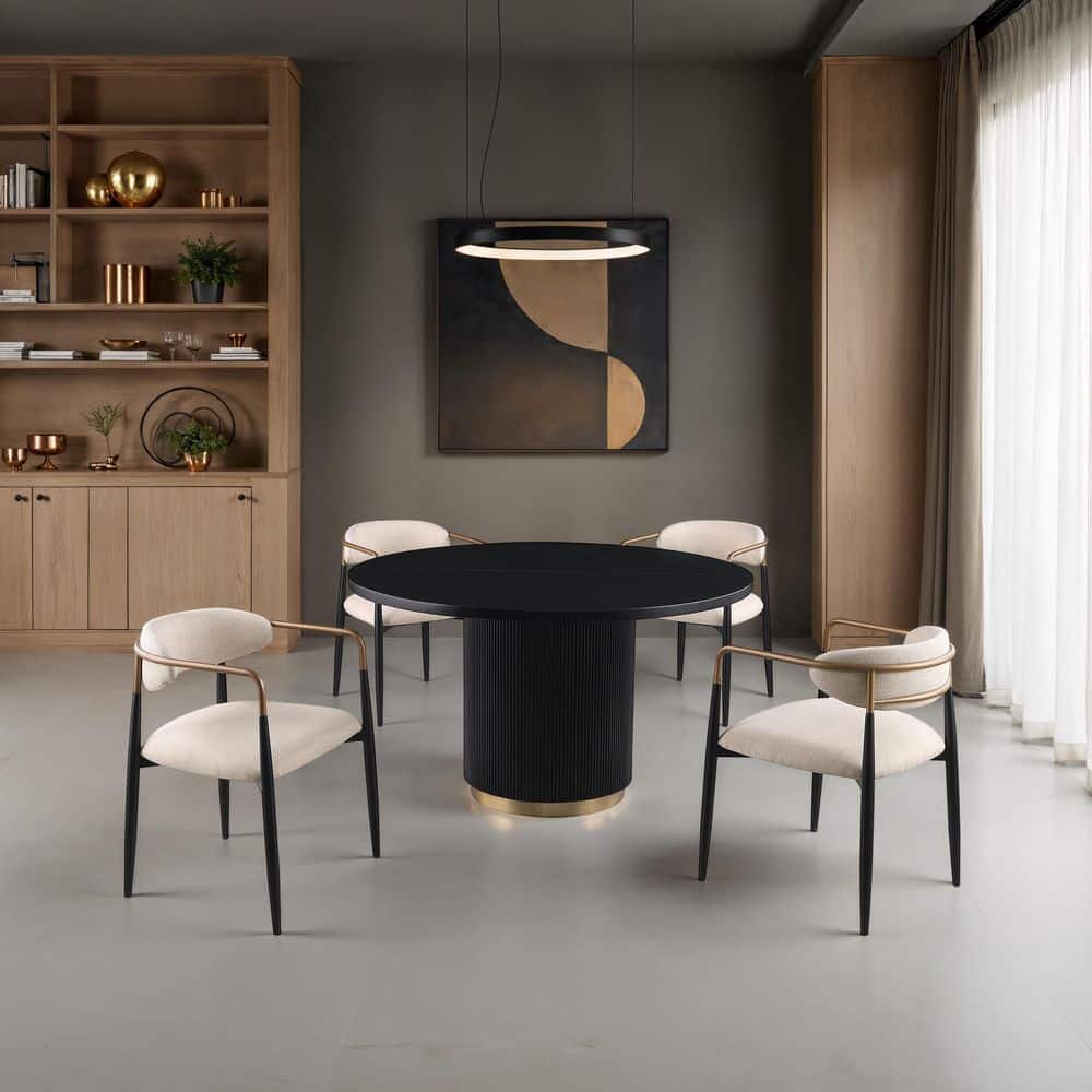 Sentous 5-Piece Modern Round Black Wood Top Game Dining Room Set with Beige Upholstered Dining Arm Chairs (Seats 4) price history on PriceWatchPro