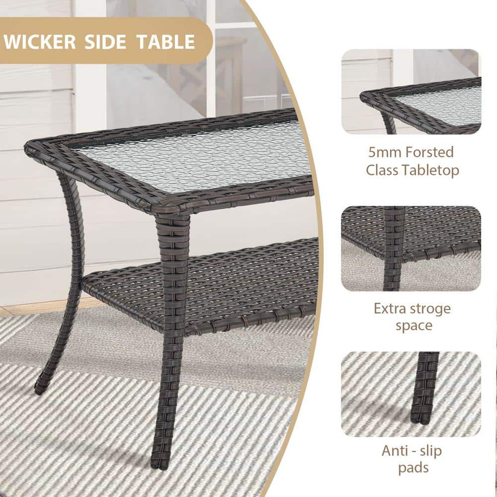 Carolina Brown Rectangular Wicker Outdoor Coffee Table with Glass Top