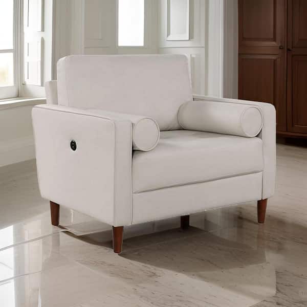 Benjara White Faux Leather Arm Chair with USB Charger and Bolster Pillows
