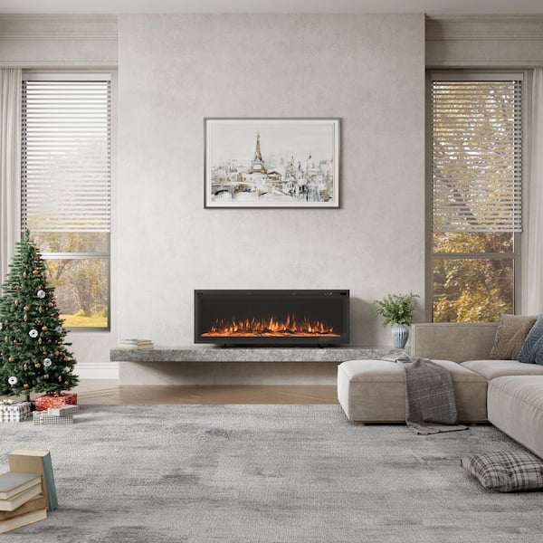 50 in. Wall Mounted Freestanding Electric Fireplace Recessed with Overheating Protection in Black