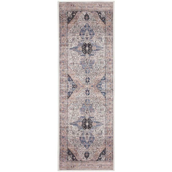 Nourison Machine Washable Brilliance Ivory Blue 2 ft. x 6 ft. Center Medallion Traditional Kitchen Runner Area Rug