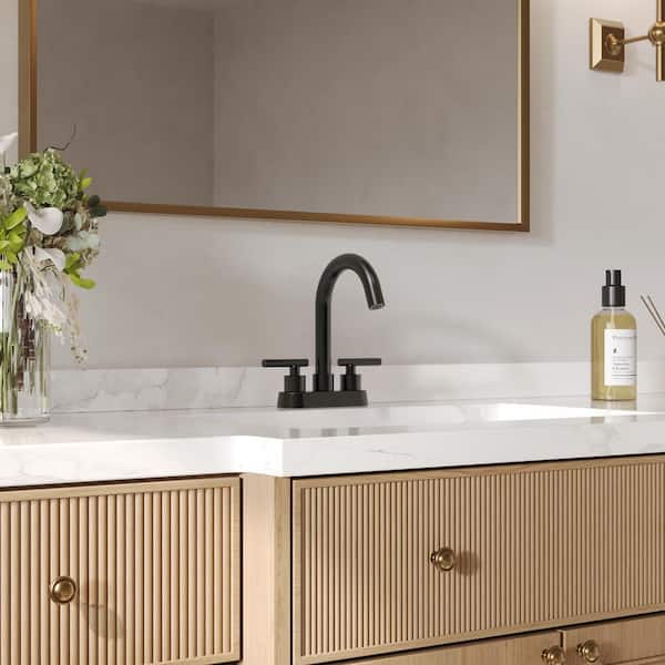 4 in. Centerset 2 or 3-Hole Double Handle High Arc Bathroom Faucet in Spot Resistant Matte Black with Pop-Up Drain
