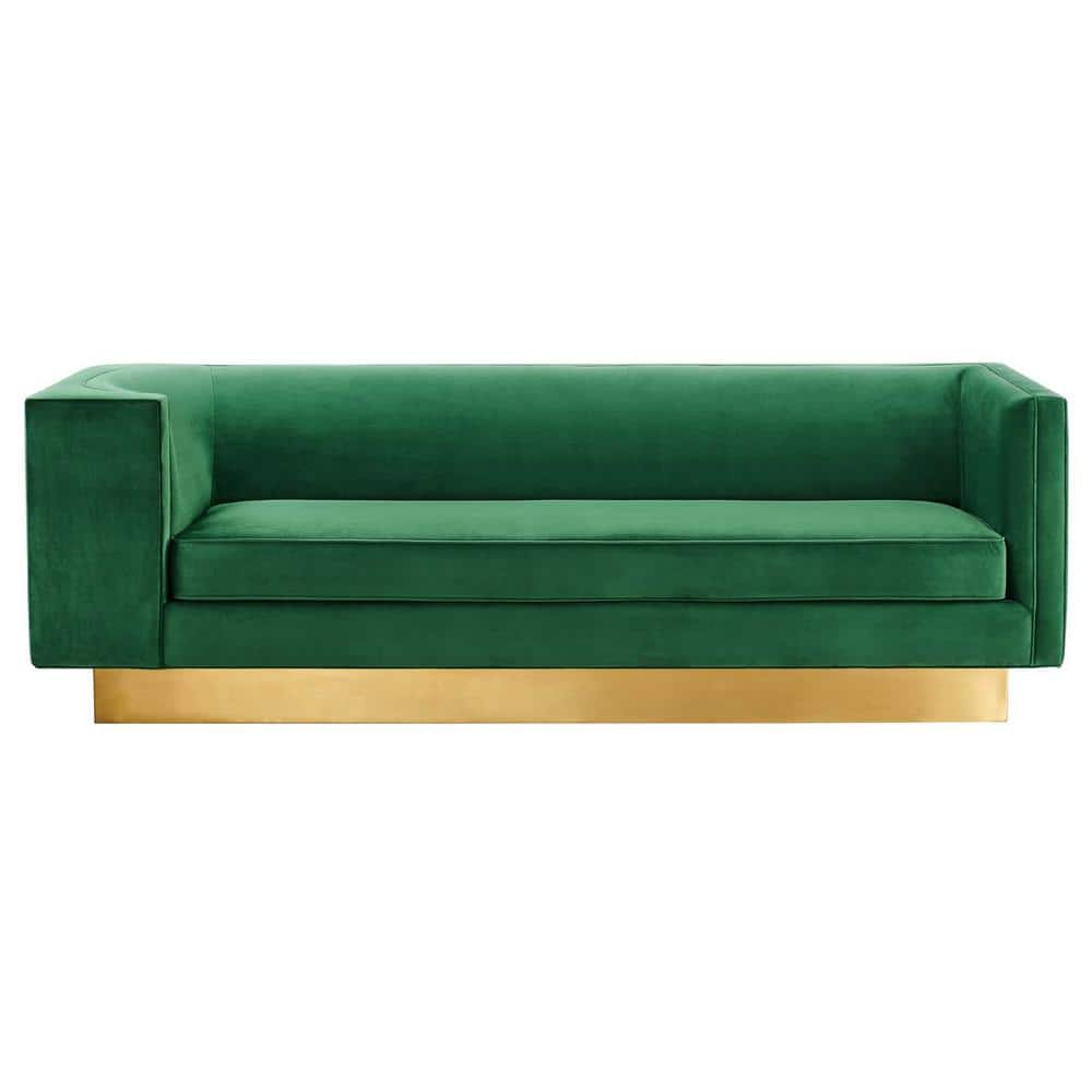 Emerald Green Velvet Sofa with Gold Base and Track Arms