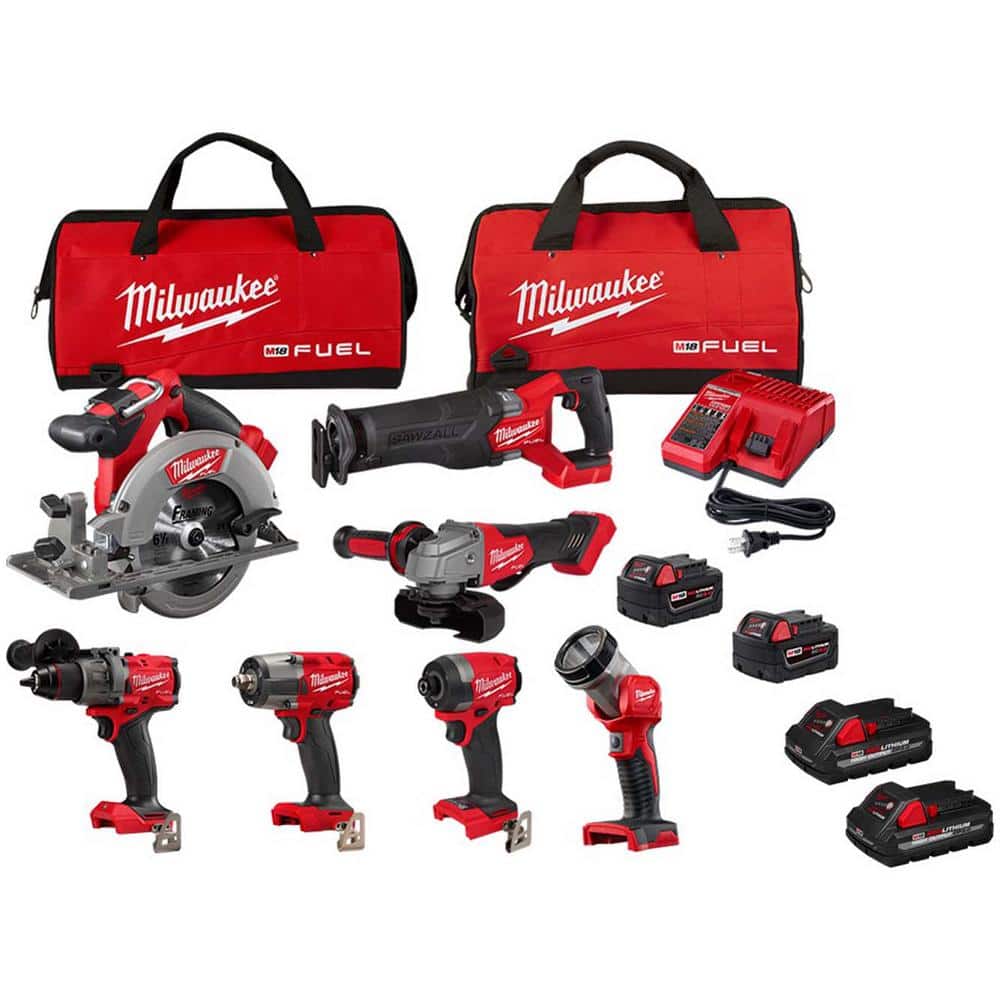 Milwaukee M18 FUEL 18V Lithium-Ion Brushless Cordless Combo Kit (7-Tool) w/2 pack of 3.0ah Batteries -  3697-27-1837