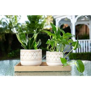 6 in. and 5 in. White/Gold Ceramic Line Geometric with Legs Mid-Century Planter (Set of 2)
