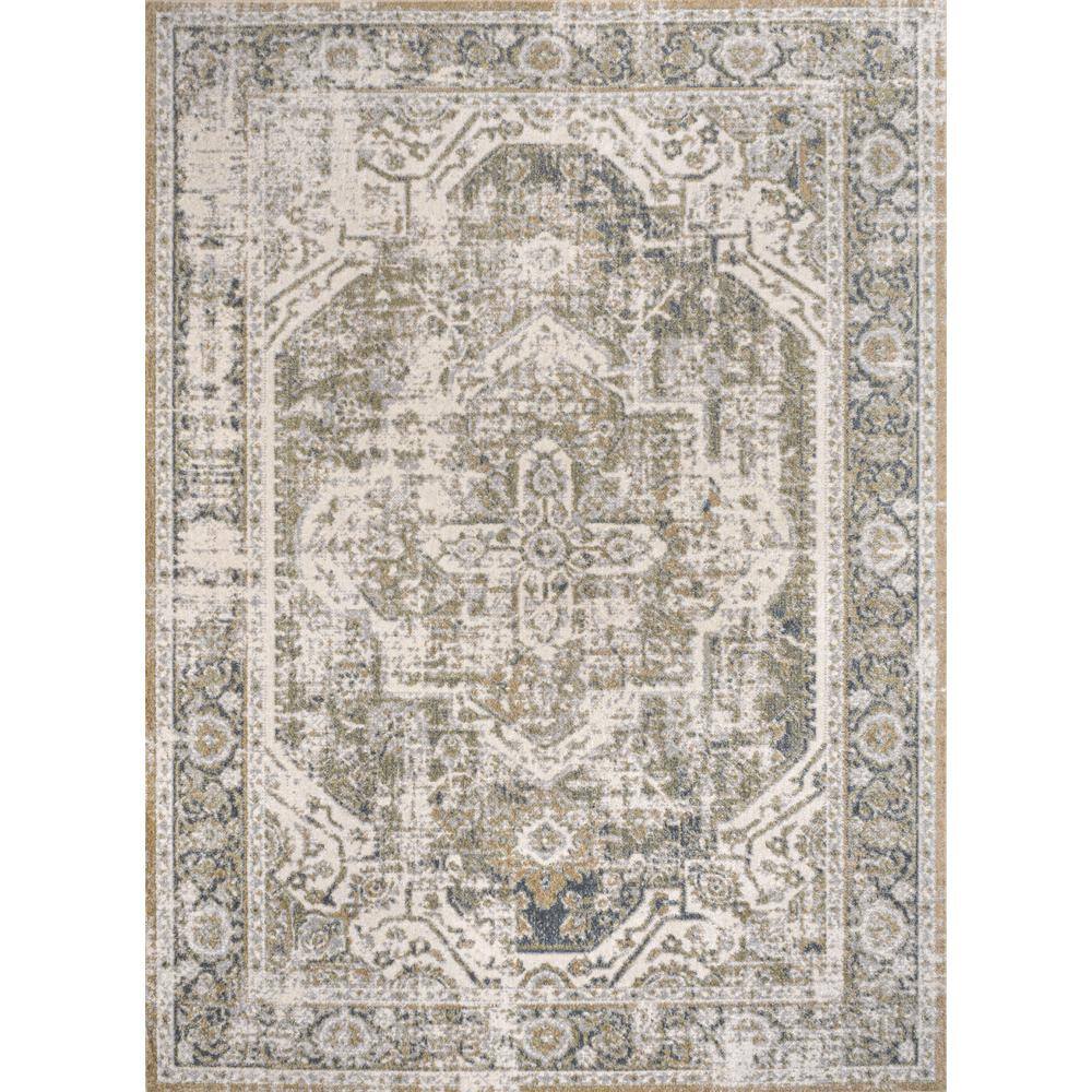 Green and Cream Medallion Washable Synthetic Area Rug, 4' x 6'