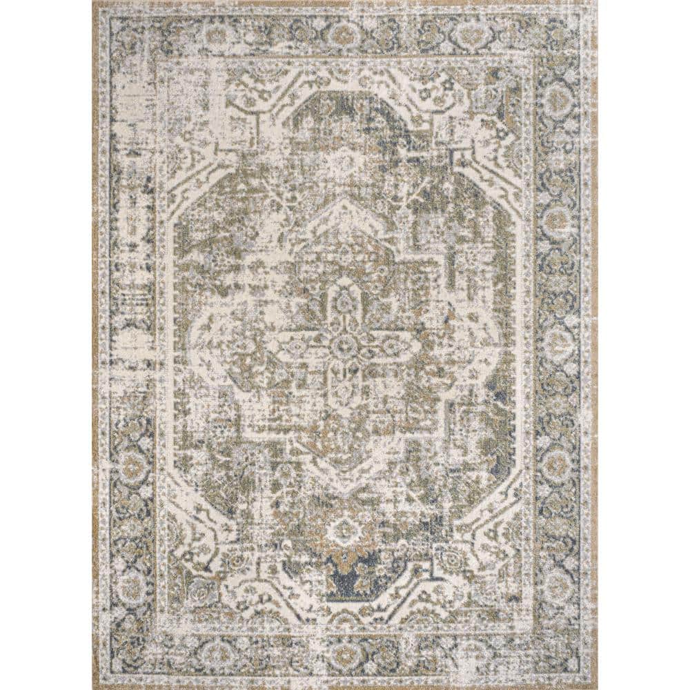 Green and Cream Medallion Machine-Washable Area Rug