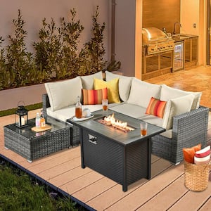 Daffodil J Gray 6-Piece Wicker Patio Outdoor Conversation Sofa Set with Gas Fire Pit and Beige Cushions