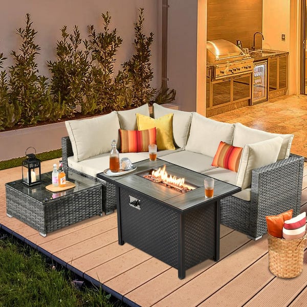 weaxty W Daffodil J Gray 6-Piece Wicker Patio Outdoor Conversation Sofa Set with Gas Fire Pit and Beige Cushions