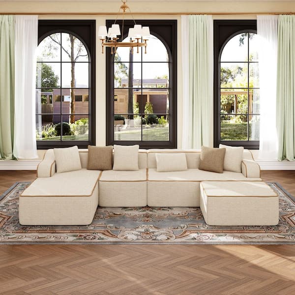 134 in. W 4-Piece Corduroy Modular Sectional Sofa with Cushions and Ottoman in Beige, No Installation Required