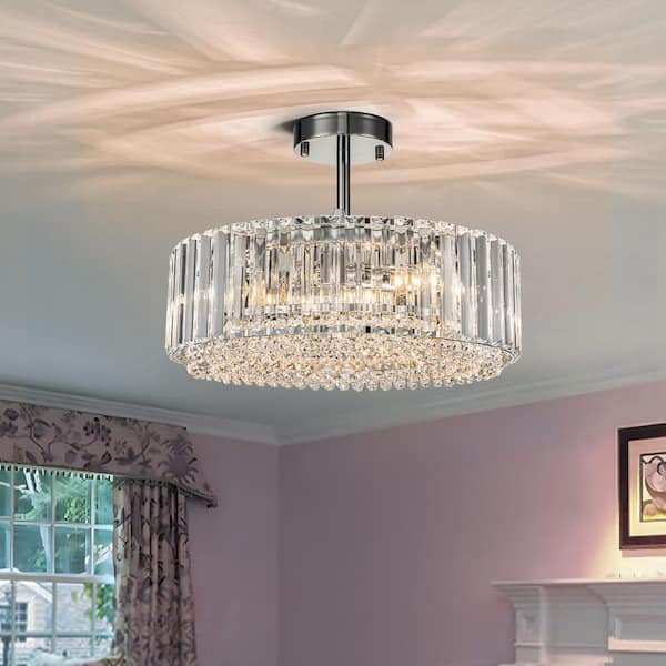 Orillia 15.74 in. 4-Light Contemporary Drum Semi Flush Mount Ceiling Light with Crystal Shade