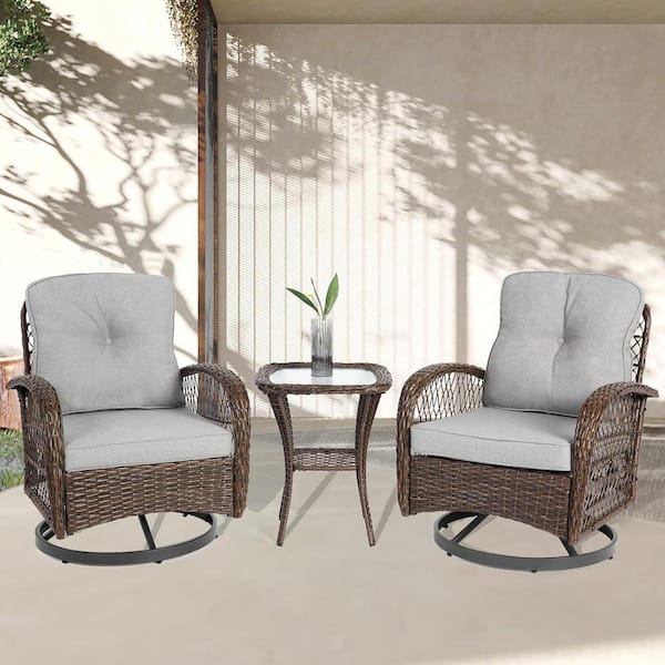 HOMEFUN 3-Piece Brown Wicker Outdoor Bistro Set Side Table and Swivel 360° Rotating Rocking Chairs with Grey Thick Cushion