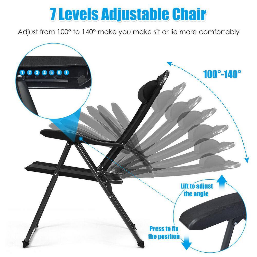 Black Adjustable Reclining Folding Patio Chairs with Headrests, Set of 4