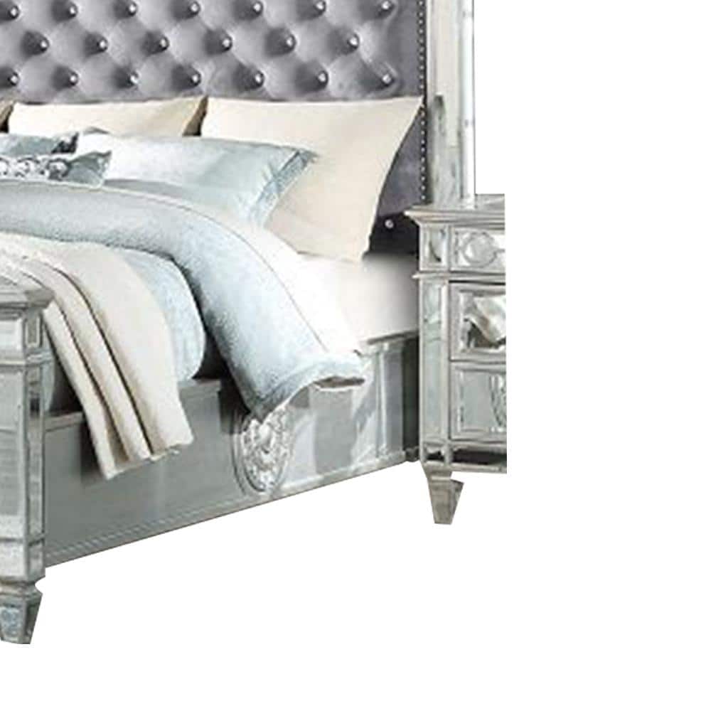 Varian Gray Velvet Upholstered Queen Bed with Mirrored Accents