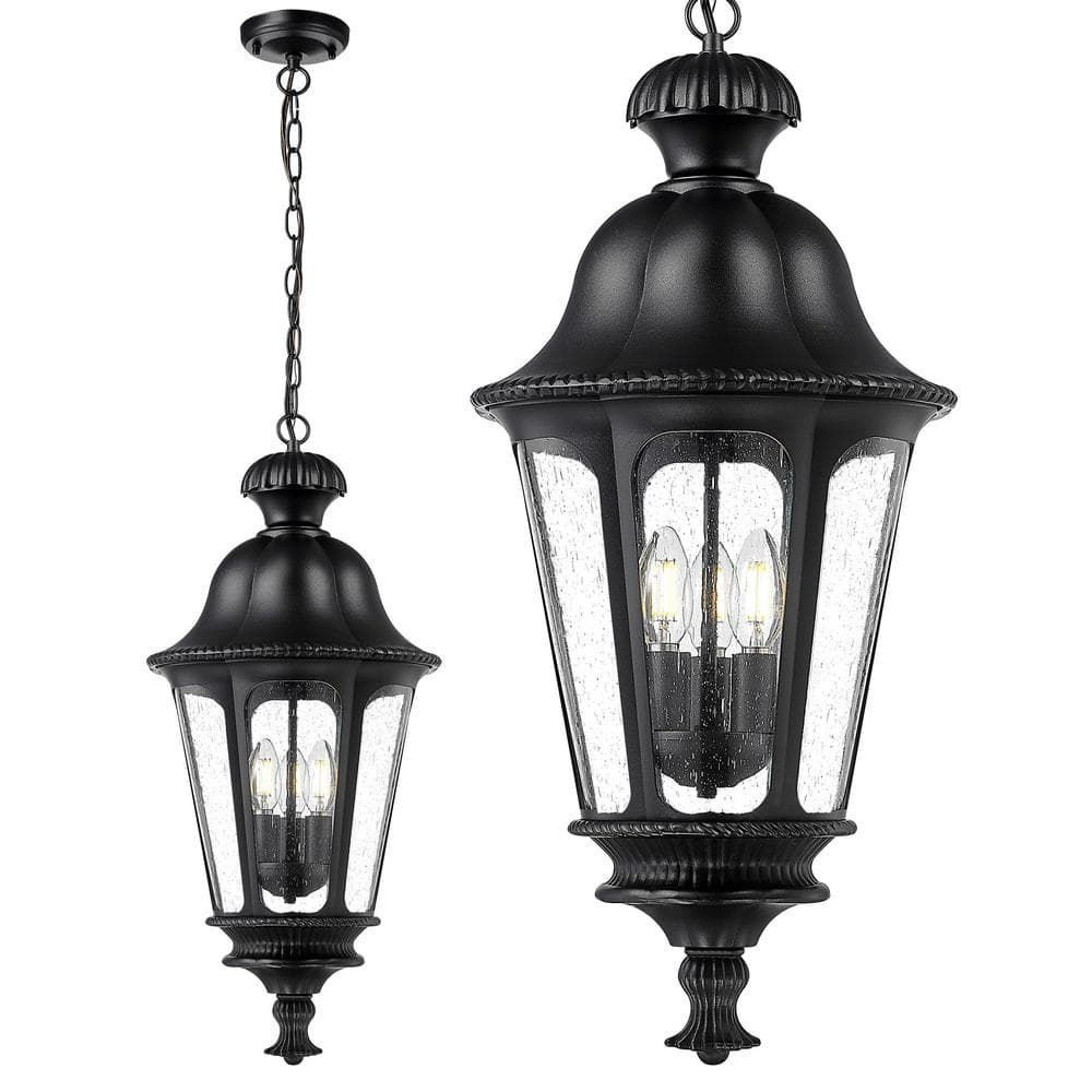 23 in. 3-light Black Outdoor Pendant Light with Seeded Glass and No Bulbs Included Hanging Chandelier for Porch Patio price history on PriceWatchPro